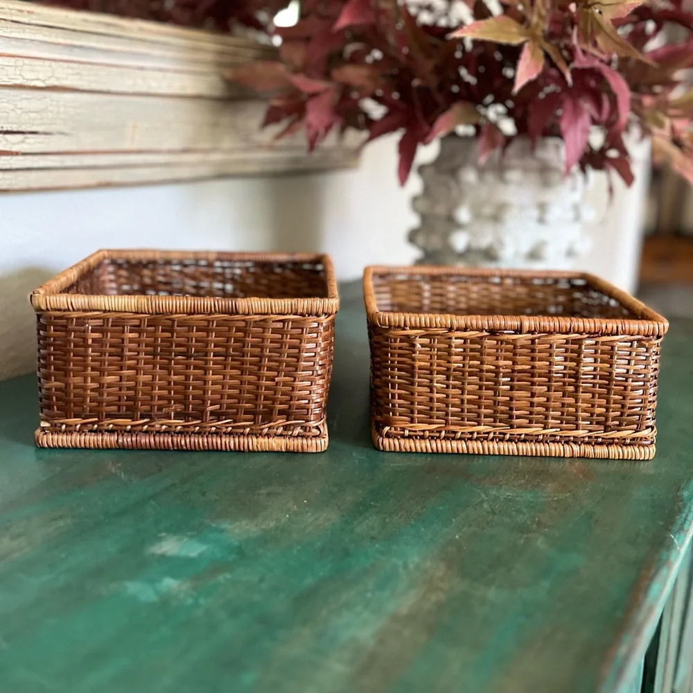 Set of 2 | Rattan Square Baskets | Vintage | Two Sizes